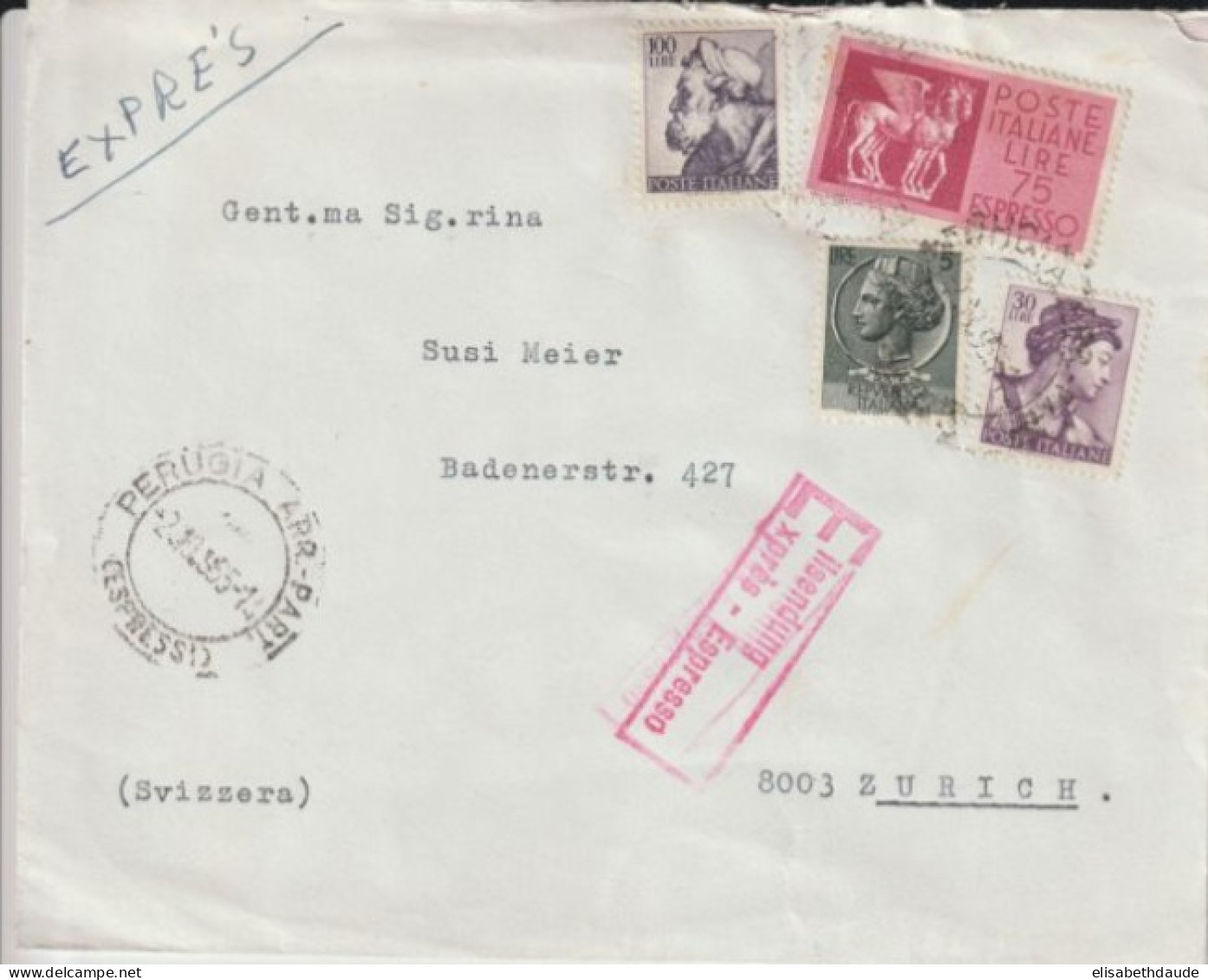 ITALIE - 1965 - ENVELOPPE EXPRES ! De PERUGIA  => ZÜRICH (SUISSE) - Express/pneumatic Mail