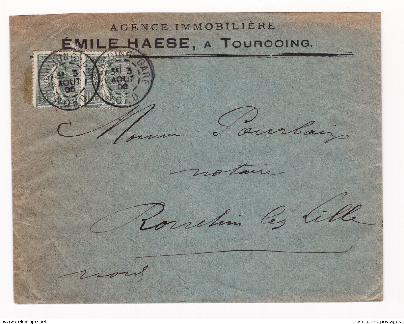 Lettre 1905 Tourcoing Gare Emile Haese Agence Immobilière Paire Semeuse Lignée 15 Centimes - 1903-60 Semeuse Lignée