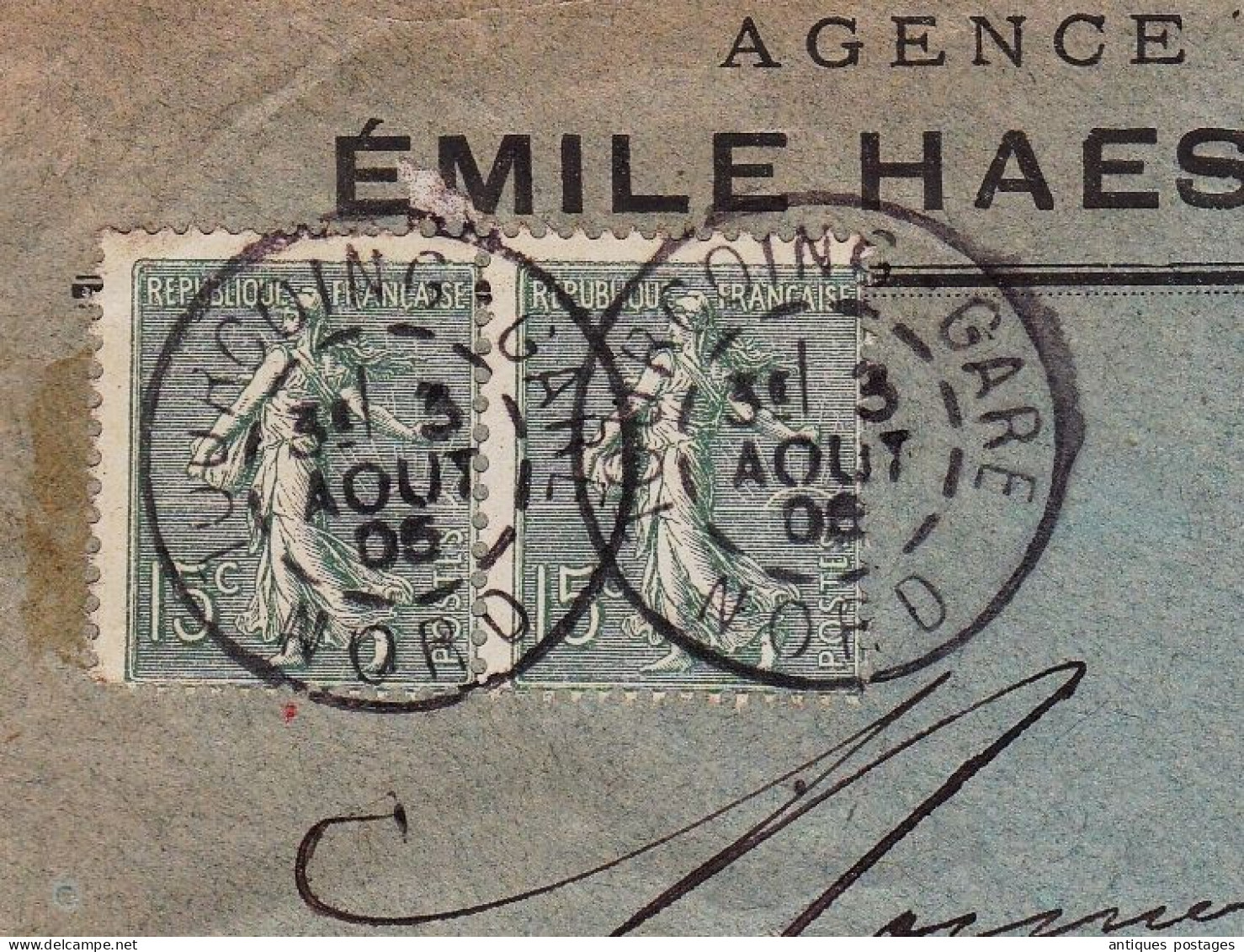 Lettre 1905 Tourcoing Gare Emile Haese Agence Immobilière Paire Semeuse Lignée 15 Centimes - 1903-60 Säerin, Untergrund Schraffiert