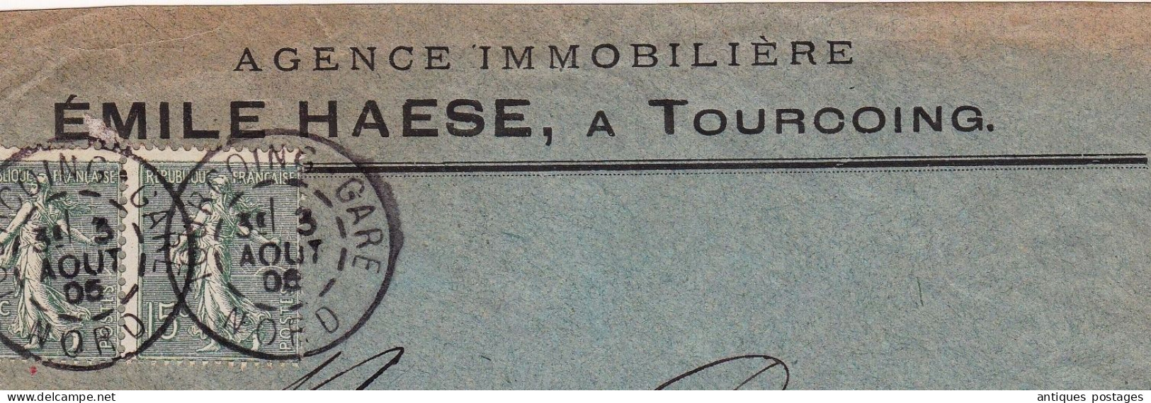 Lettre 1905 Tourcoing Gare Emile Haese Agence Immobilière Paire Semeuse Lignée 15 Centimes - 1903-60 Semeuse Lignée