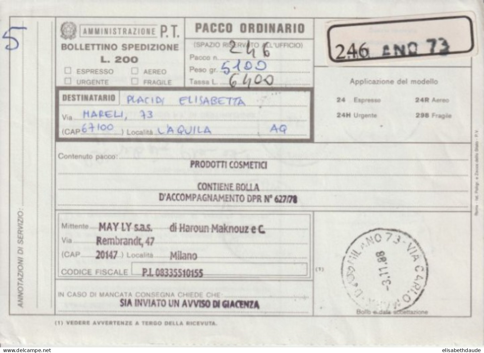 ITALIE - 1988 - CARTE COLIS POSTAL De MILANO => L'AQUILA - Postal Parcels