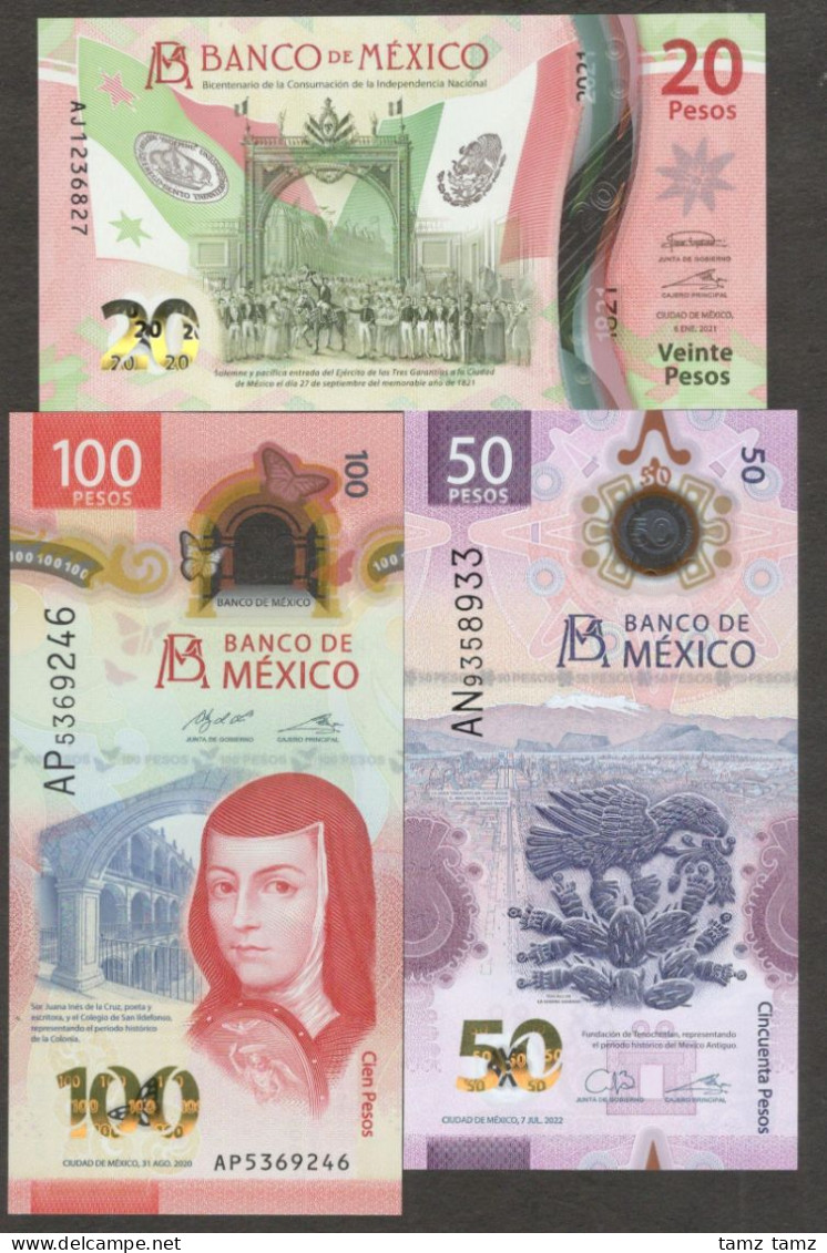 Set 3 Pcs Mexico 20 50 100 Pesos Polymer 2020 - 2022 UNC - Mexique