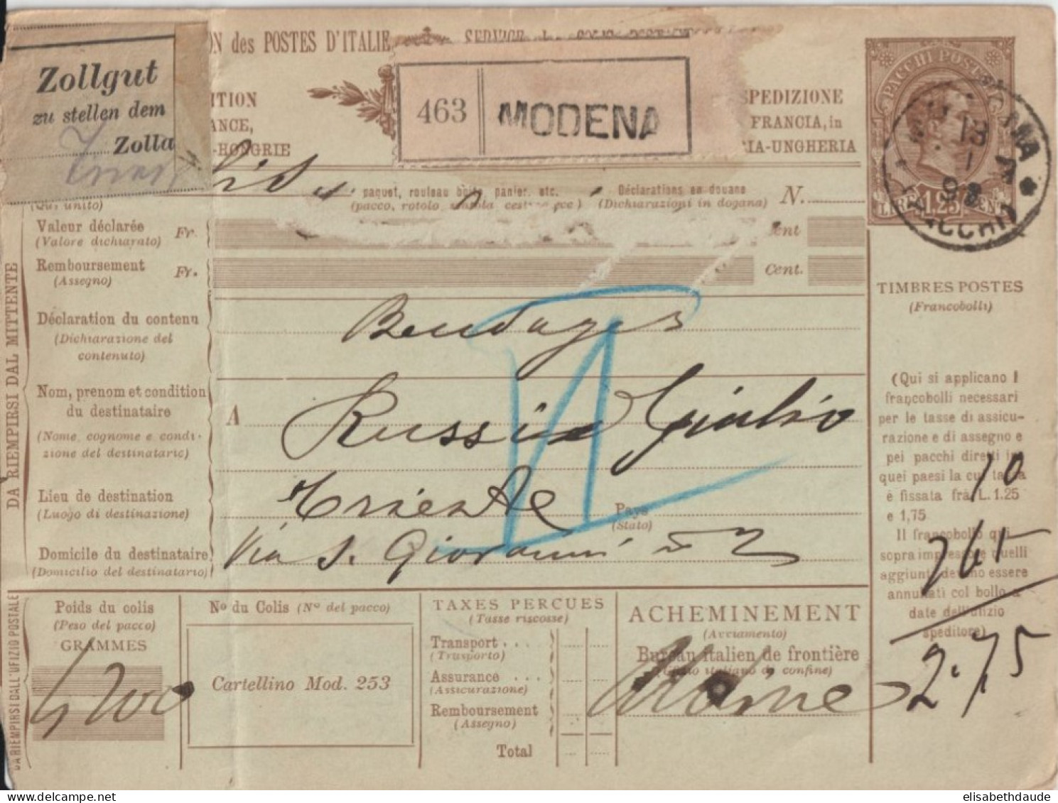 ITALIE - 1898 - CP ENTIER COLIS-POSTAL De MODENE =>TRIESTE (AUTRICHE) ! - Colis-postaux