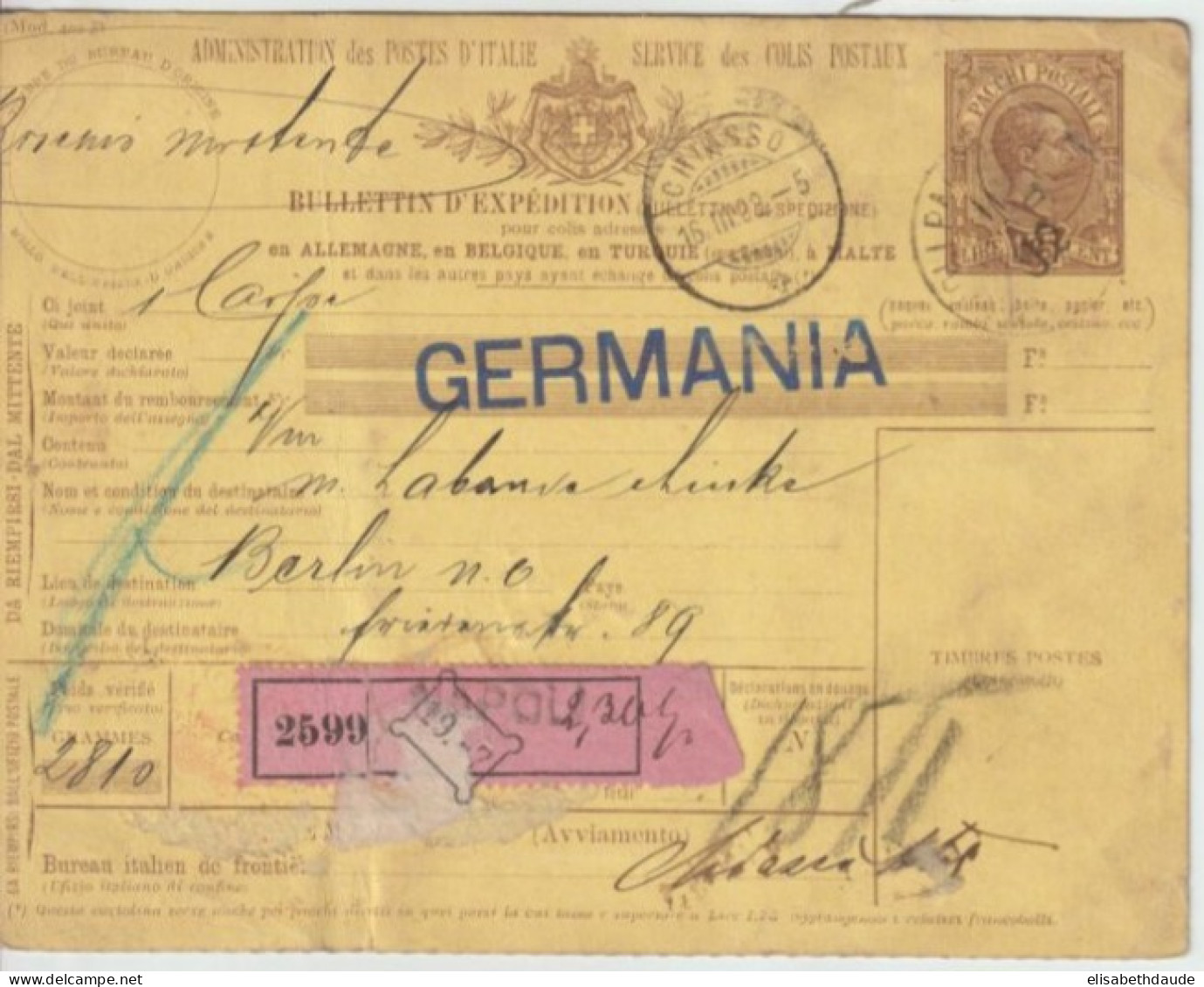 ITALIE - 1892 - CP ENTIER COLIS-POSTAL De NAPOLI => BERLIN (GERMANY) Via CHIASSO (SUISSE) ! - Paquetes Postales