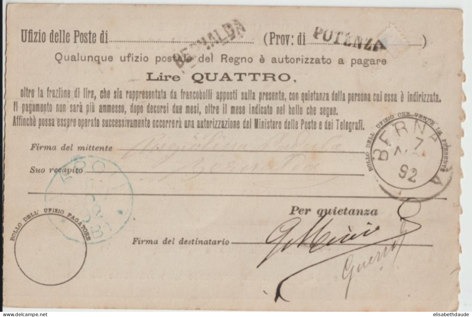 ITALIE - 1892 - CP ENTIER "VAGLIA" De BERNALDA  => NAPOLI - Entiers Postaux