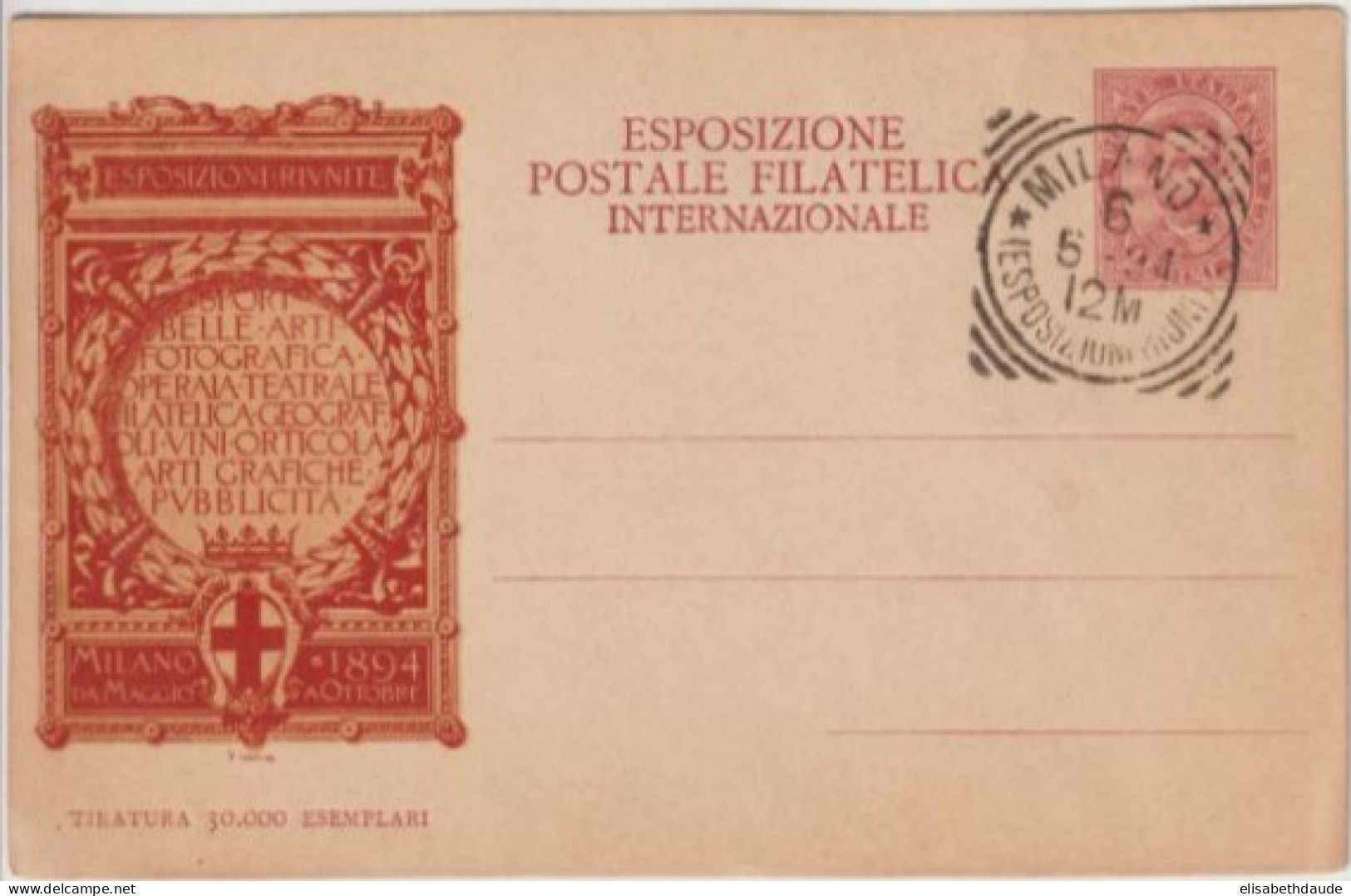 ITALIE - 1894 - CP ENTIER ILLUSTREE Avec OBLITERATION De L'EXPOSITION RIUNITE De MILANO - Stamped Stationery