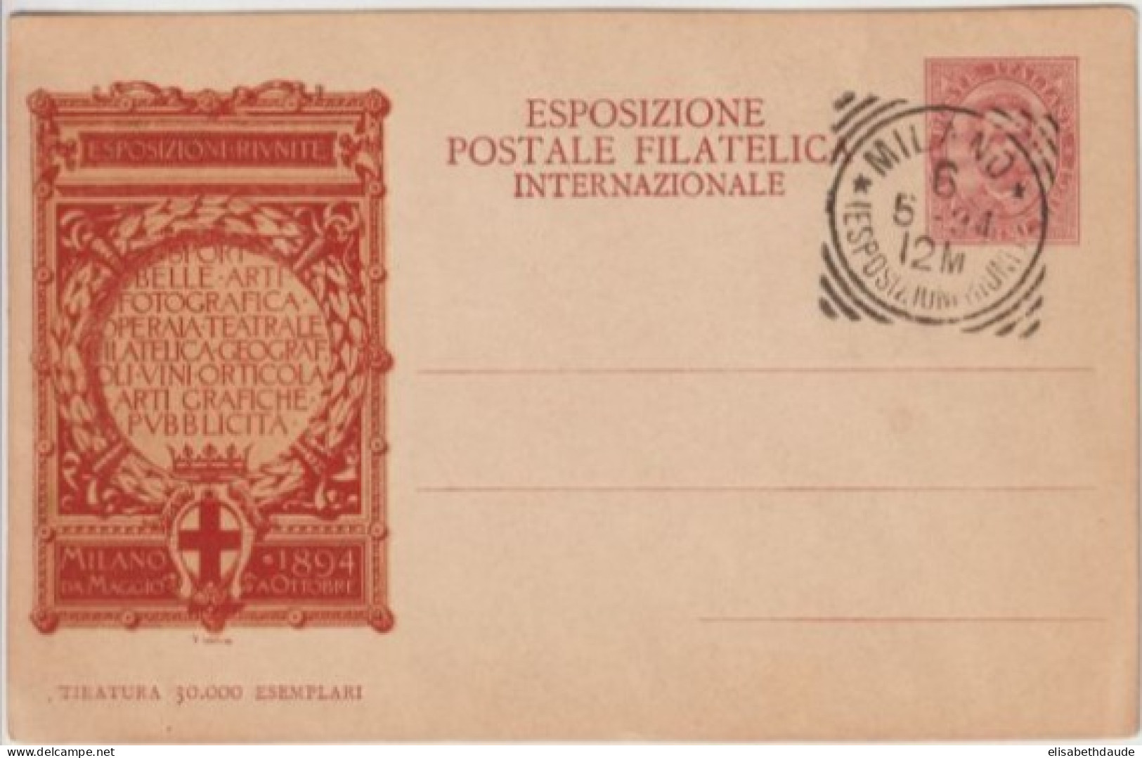 ITALIE - 1894 - CP ENTIER ILLUSTREE Avec OBLITERATION De L'EXPOSITION RIUNITE De MILANO - Postwaardestukken