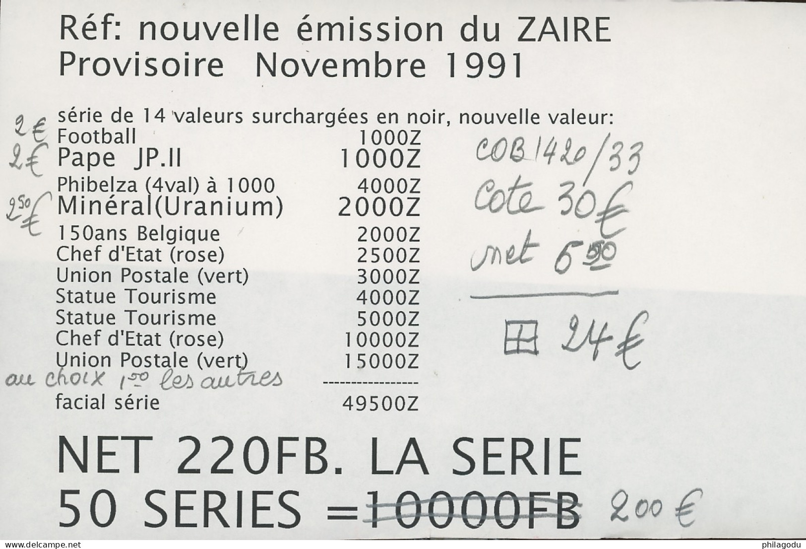 1991 Nov. COB Série 1420-1433 **  Parfaite Lot De 50 Séries Luxe Feuilles Ou Feuillets - Unused Stamps