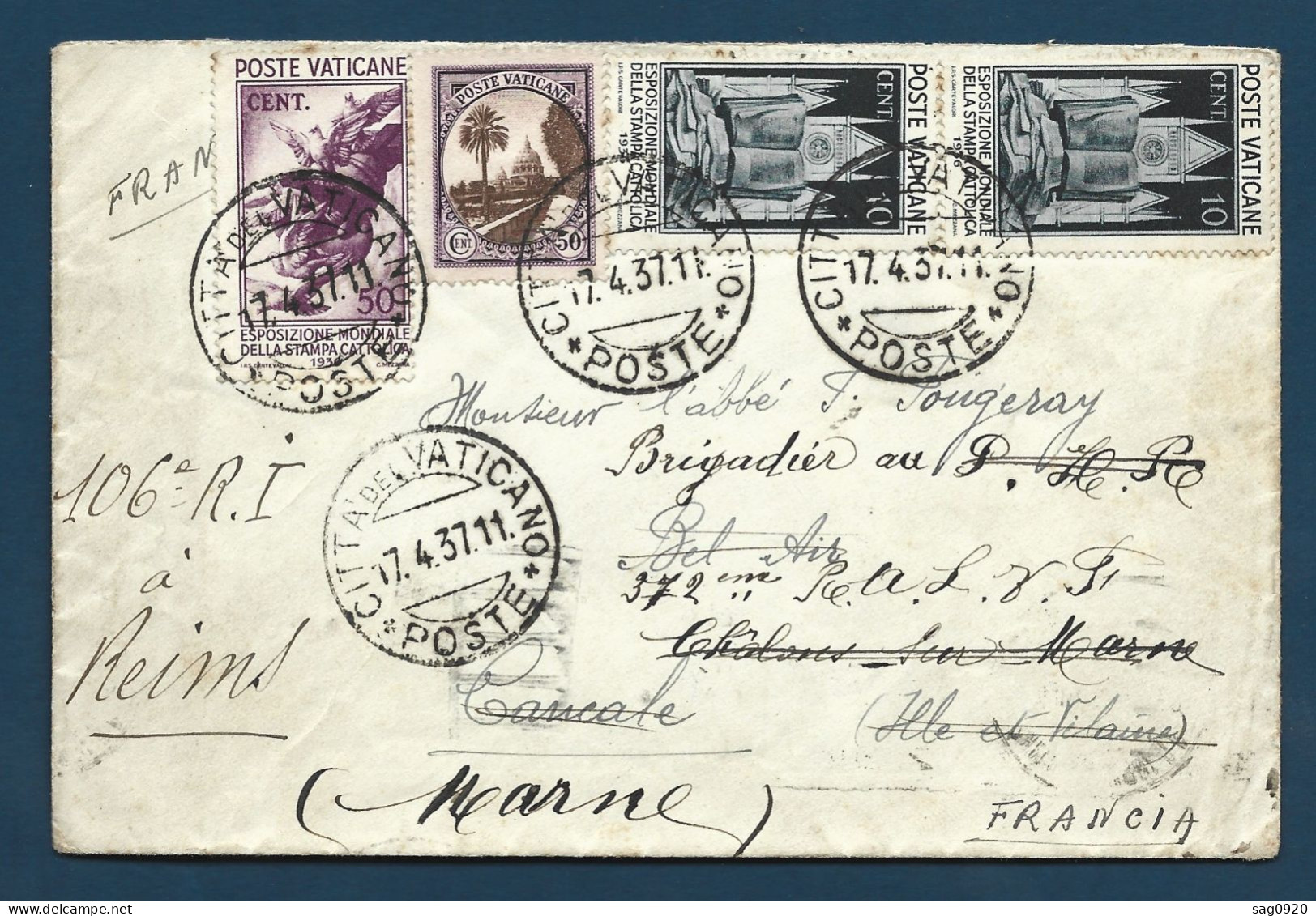 Vatican-1937-Enveloppe Pour Cancale , Redirigée Vers Reims France - Storia Postale