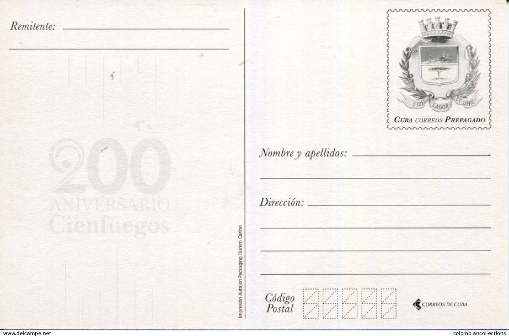 Lote PEP1455, Cuba, Entero Postal, Stationery, Aniversario 200 De Cienfuegos, 2-26, Parque Jose Marti - Cartes-maximum