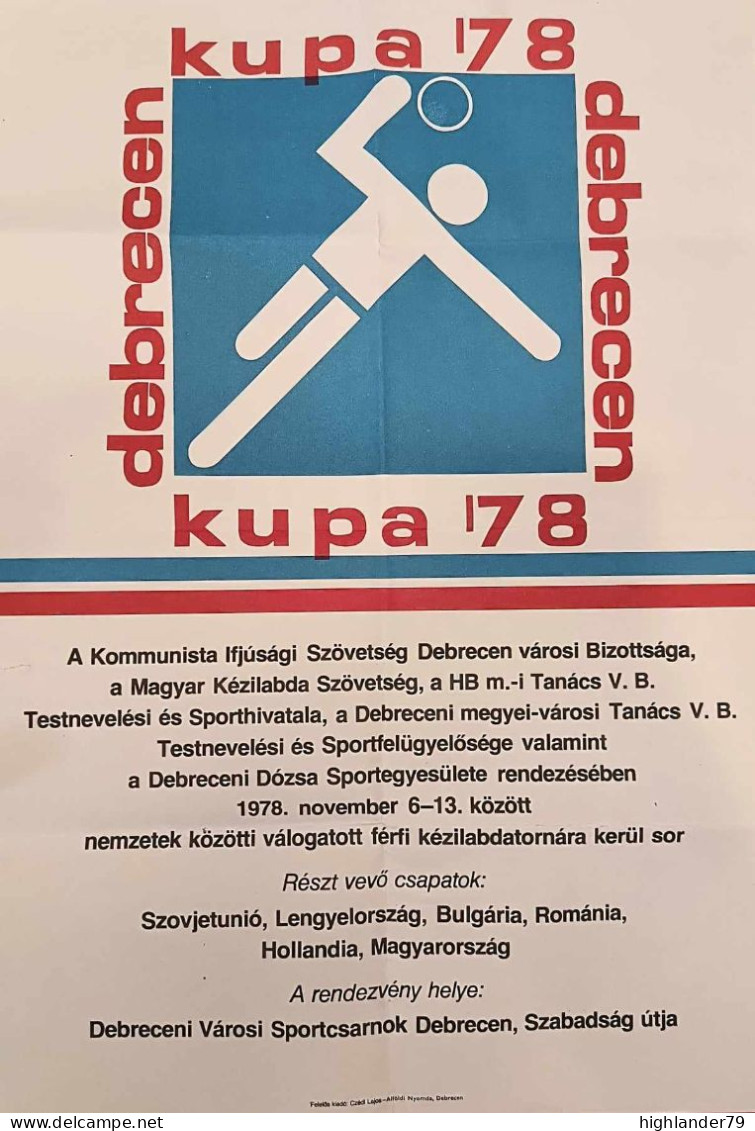 Handball International Men's Tournament Cup Debrecen Hungary 1978 Poster Debrecen Kupa ’78 - Palla A Mano