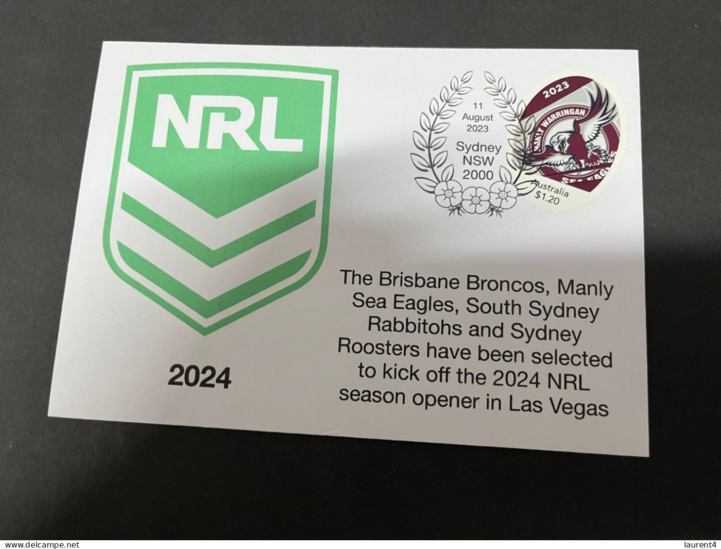 25-8-2023 (3 T 11) Australia - NRL 2024 Season To Begin In Las Vegas (with Manly Sea Eagles Team 3 Stamps) - Storia Postale