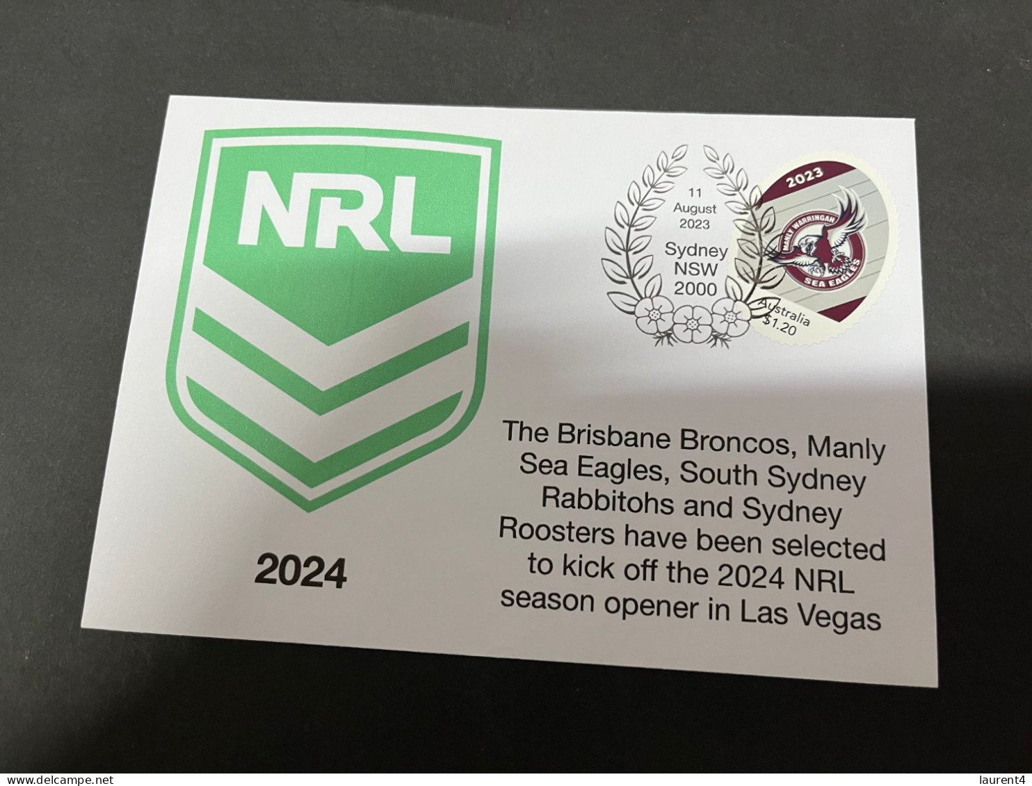 25-8-2023 (3 T 11) Australia - NRL 2024 Season To Begin In Las Vegas (with Manly Sea Eagles Team 3 Stamps) - Cartas & Documentos