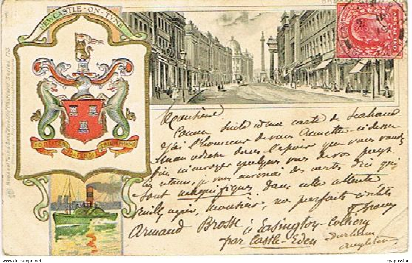 NEWCASTLE-ON-TYNE-ENGLAND - Postcard  Circulated 1903 -Blason Gauffré -Road -Boat - Newcastle-upon-Tyne