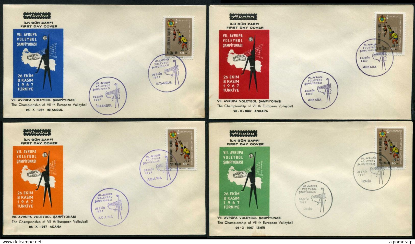 Türkiye 1967 7th European Volleyball Championship, Complete Set (4 * FDC) | Special Date Postmarked Cover - Brieven En Documenten