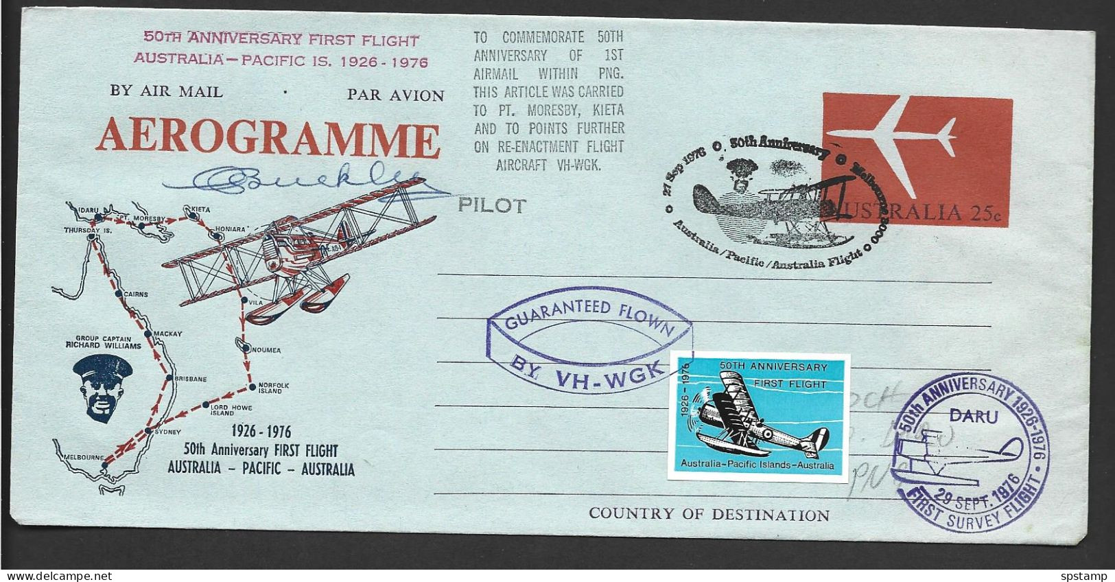 Australia 1976 RAAF First Pacific Flight Re-enactment Aerogramme Melbourne To Daru PNG - Luchtpostbladen