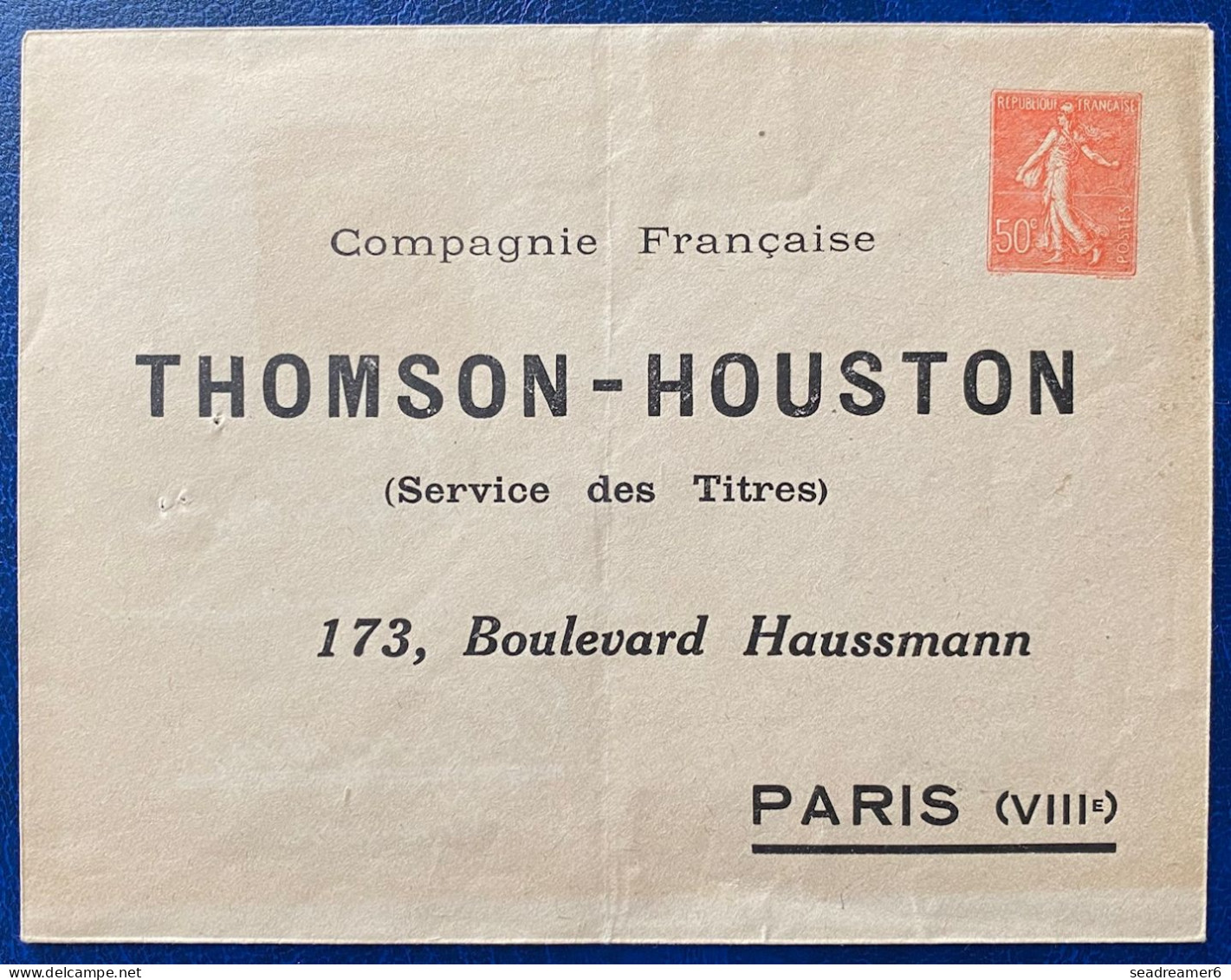 FRANCE ENTIER POSTAL LETTRE TYPE SEMEUSE 50C ROUGE LIGNÉE REPIQUAGE AVEC PUBLICITE THOMSON-HOUSTON TTB - Buste Ristampe (ante 1955)