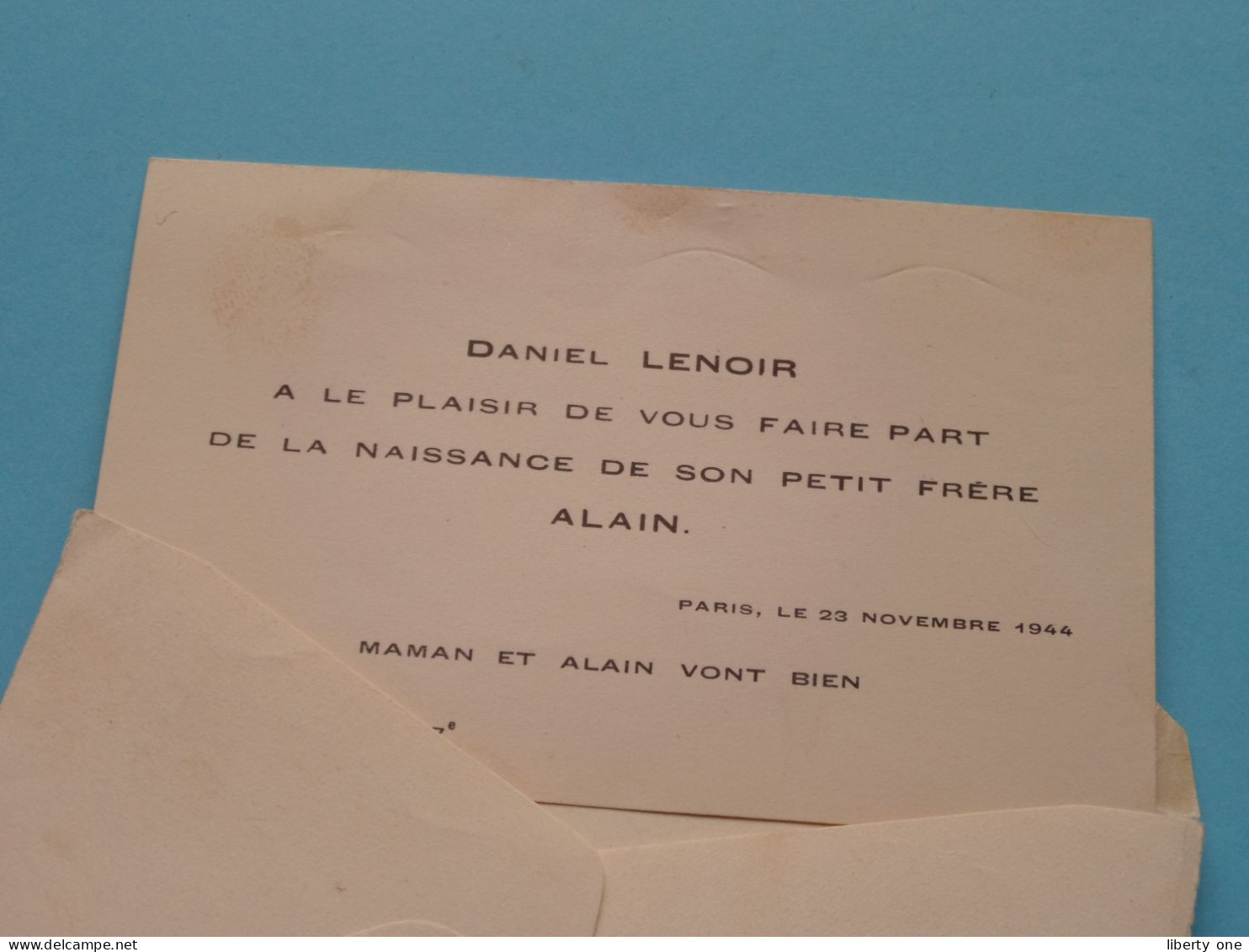 Daniel LENOIR > Naissance Frère Alain > PARIS France ( Envelop+CDV ) Anno 1944 > QUISTREHAM Calvados ( Voir SCANS ) ! - Visiting Cards