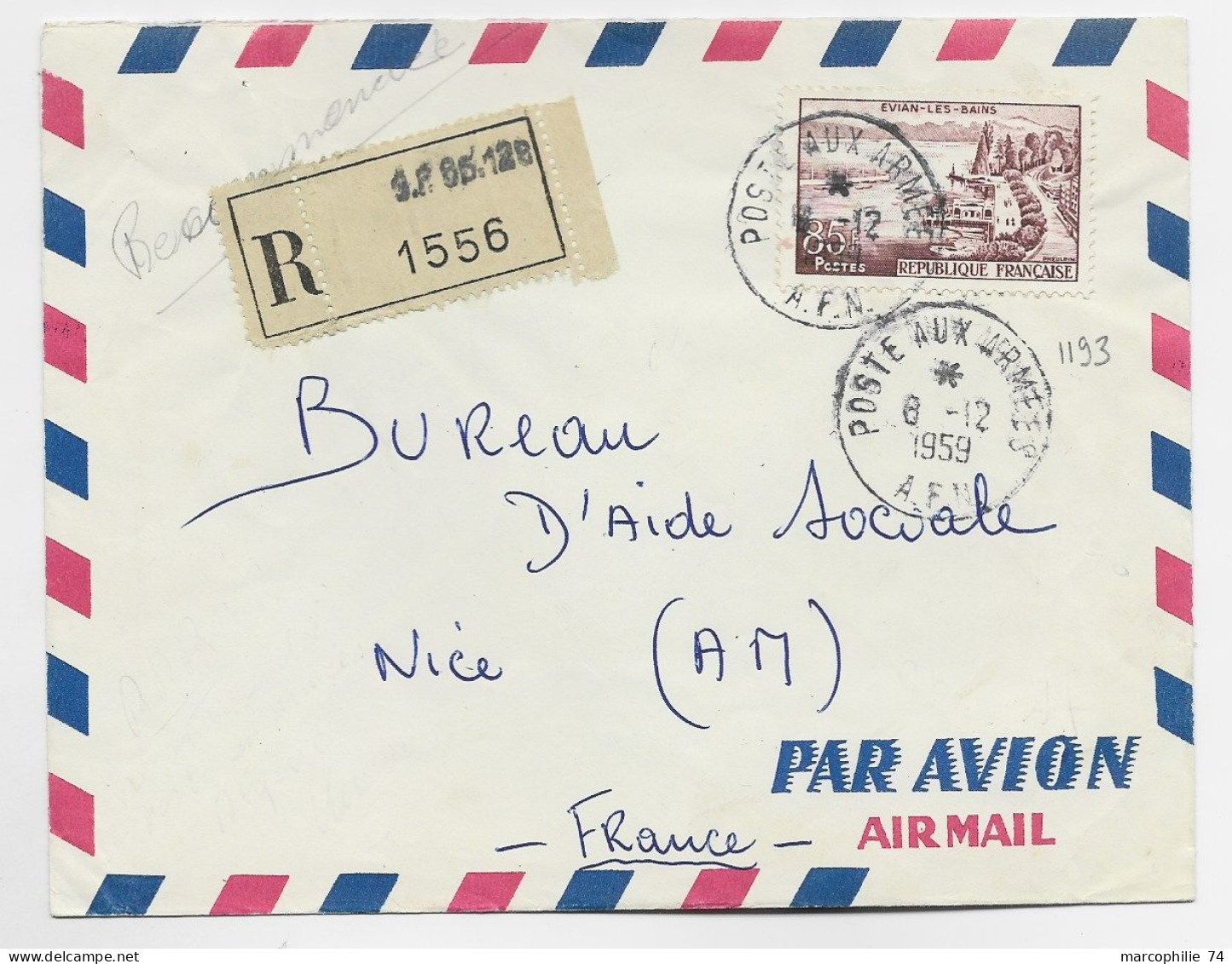 FRANCE EVIAN 85FR SEUL LETTRE REC AVION POSTE AUX ARMEES 8.12.1959 A.F.N. - Oorlog In Algerije