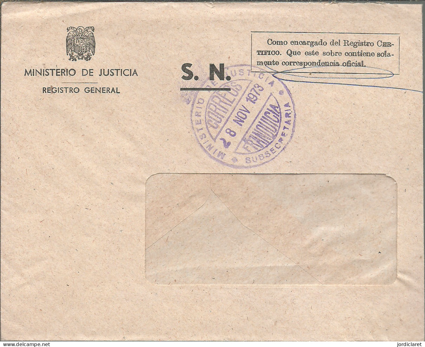 MARCA  MINISTERIO DE JUSTICIA  1973  SUBSECRATERIA - Franchise Postale
