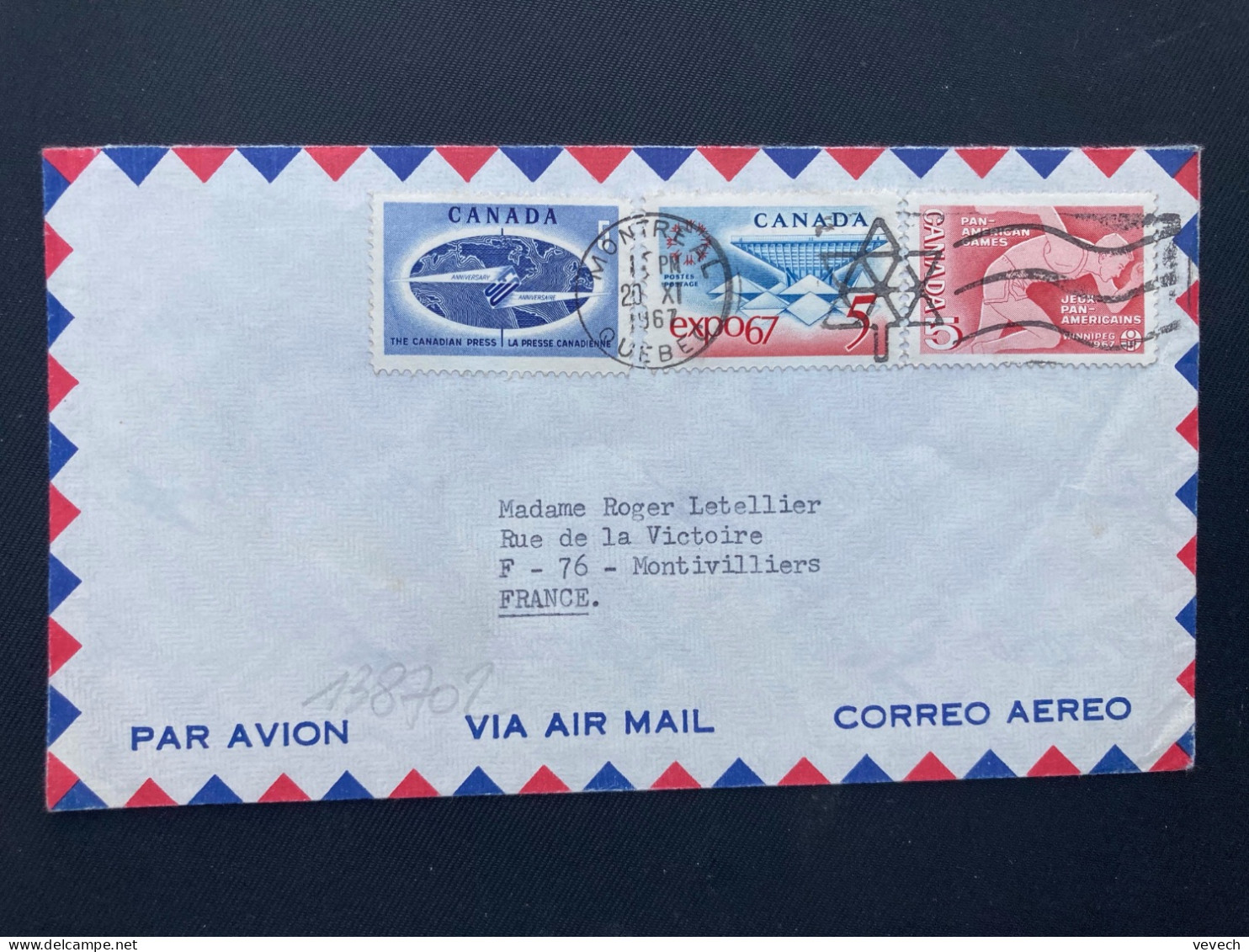 LETTRE Par Avion Pour La FRANCE TP JEUX PAN-AMERICAINS 5 + EXPO 67 5 + PRESSE CANADIENNNE 5 OBL.MEC.20 XI 1967 MONTREAL - Briefe U. Dokumente