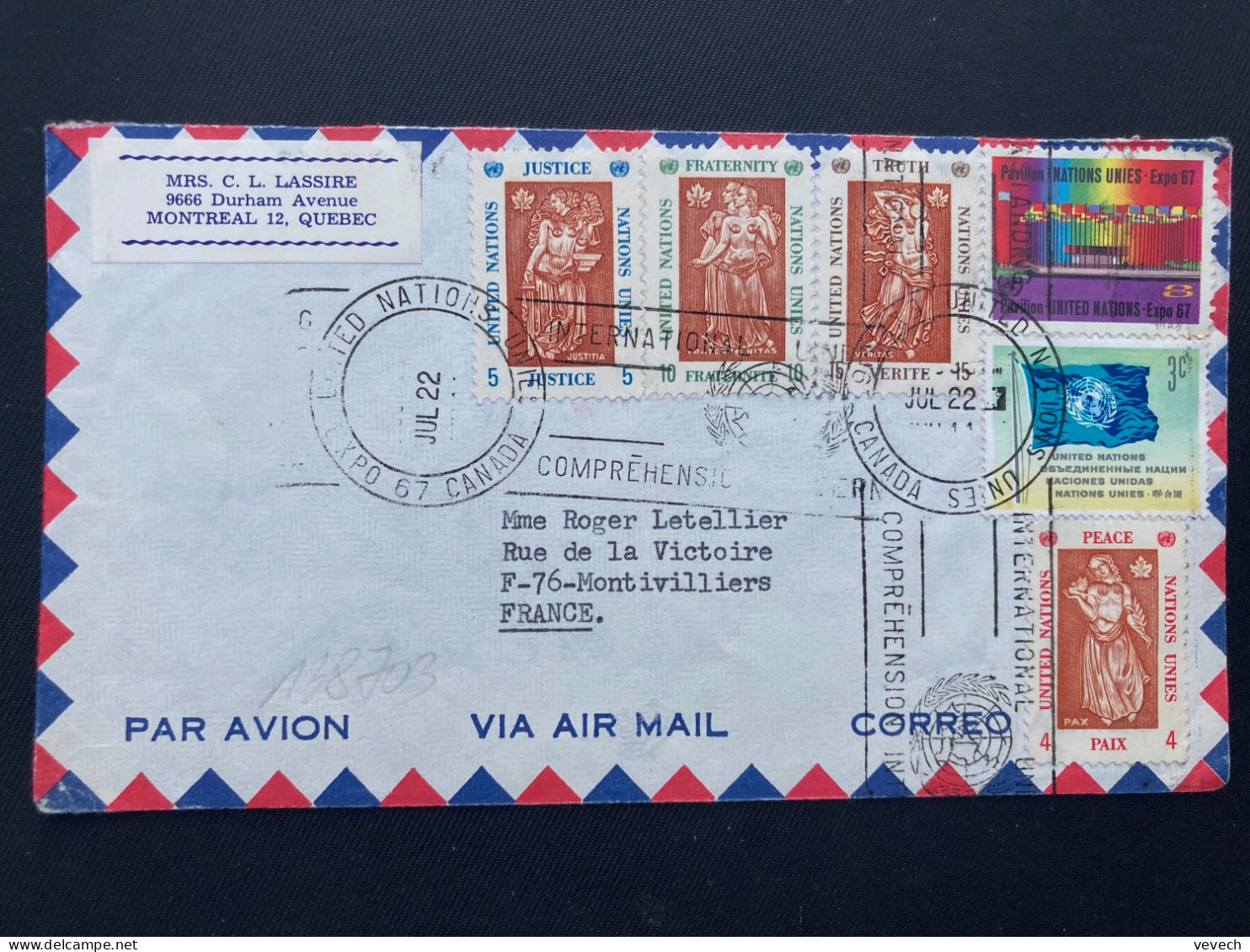 LETTRE Par Avion Pour La FRANCE TP JUSTICE 5 + FRATERNITE 10 + VERITE 15 + PAIX 4 + 8 + 3 OBL.MEC.JUL 22 1967 EXPO 67 UN - Brieven En Documenten