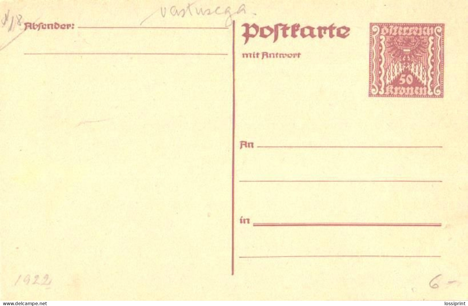 Austria:Postal Stationery, 50 Kronen, 1922 - Cartes-lettres