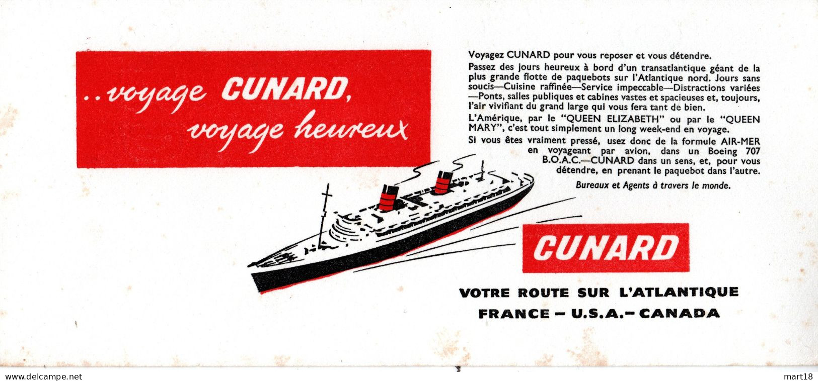Buvard - Navigation - Voyages CUNARD - Années 1950/60 - - Transports