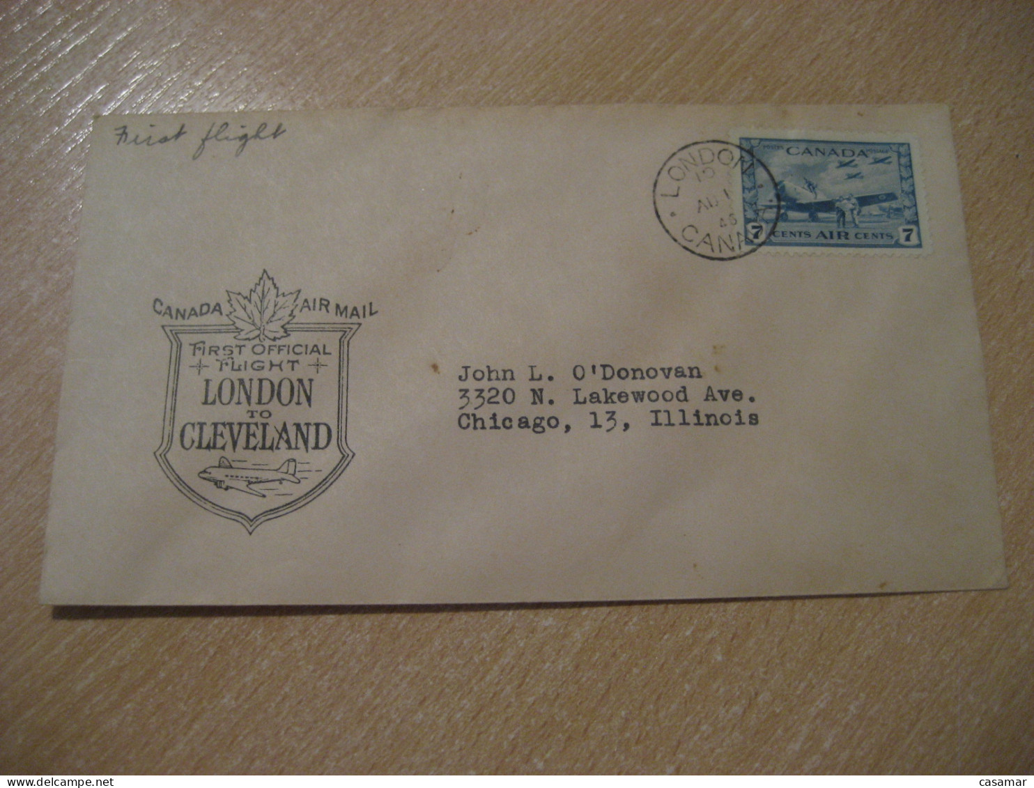LONDON To CLEVELAND 1946 First Official Flight Air Mail Field Cancel Cover CANADA England - Premiers Vols