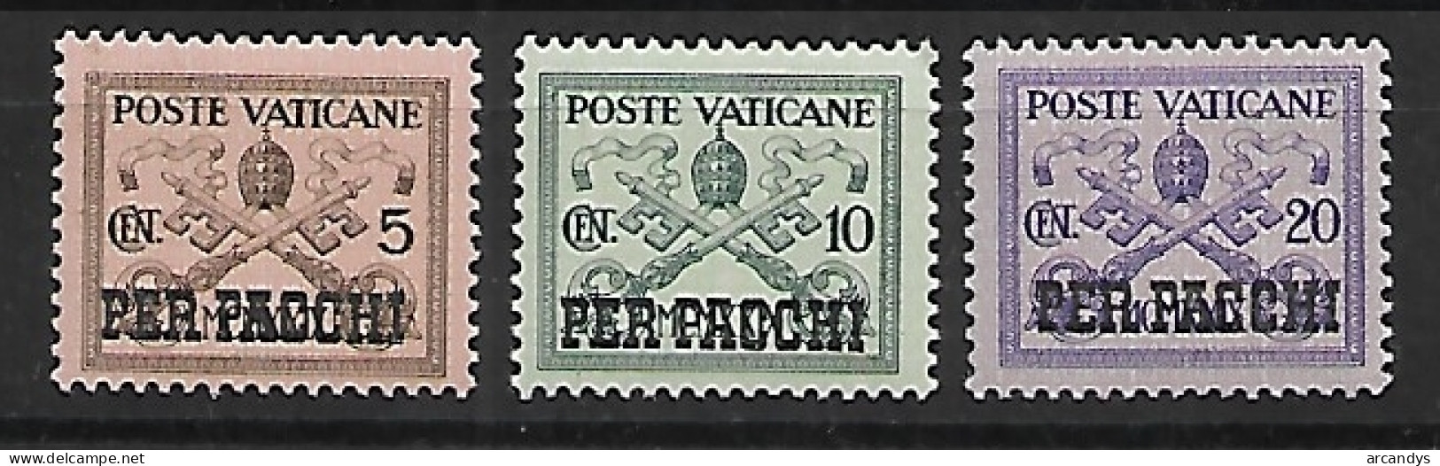 VATICAN 1931 Colis Postaux YT 1 à 3 Neufs ** - Armoiries Pontificales Noir Sur Couleur Avec Surcharge PER PACCHI - Parcel Post