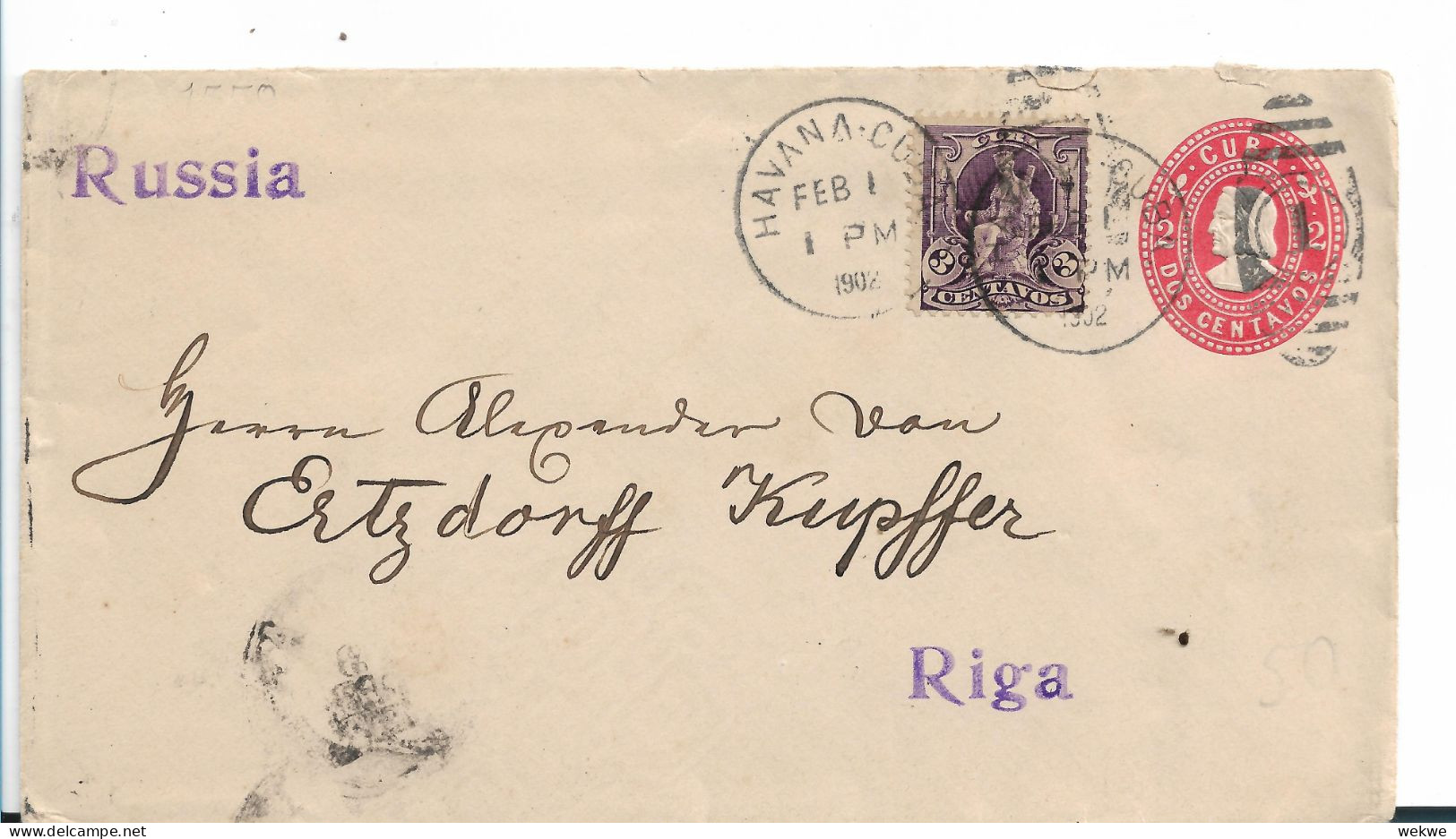 Kuba052 / Unter Amerikanischer Besatzung 1902 - Inland-Ganzsache, Aufgewertet Mit Zusatzmarke Zum Versand Nach Russland - Storia Postale