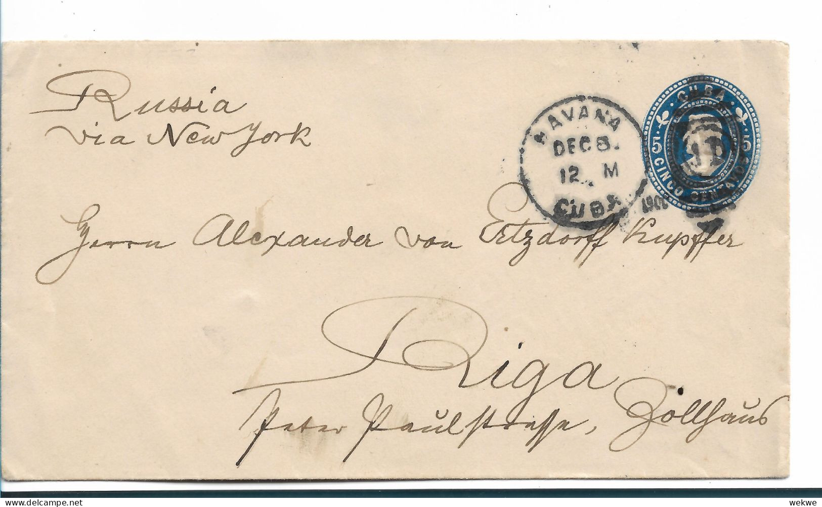 Kuba053 / Stationery 5c Für Das Ausland 1900 Nach Riga/Estland - Storia Postale