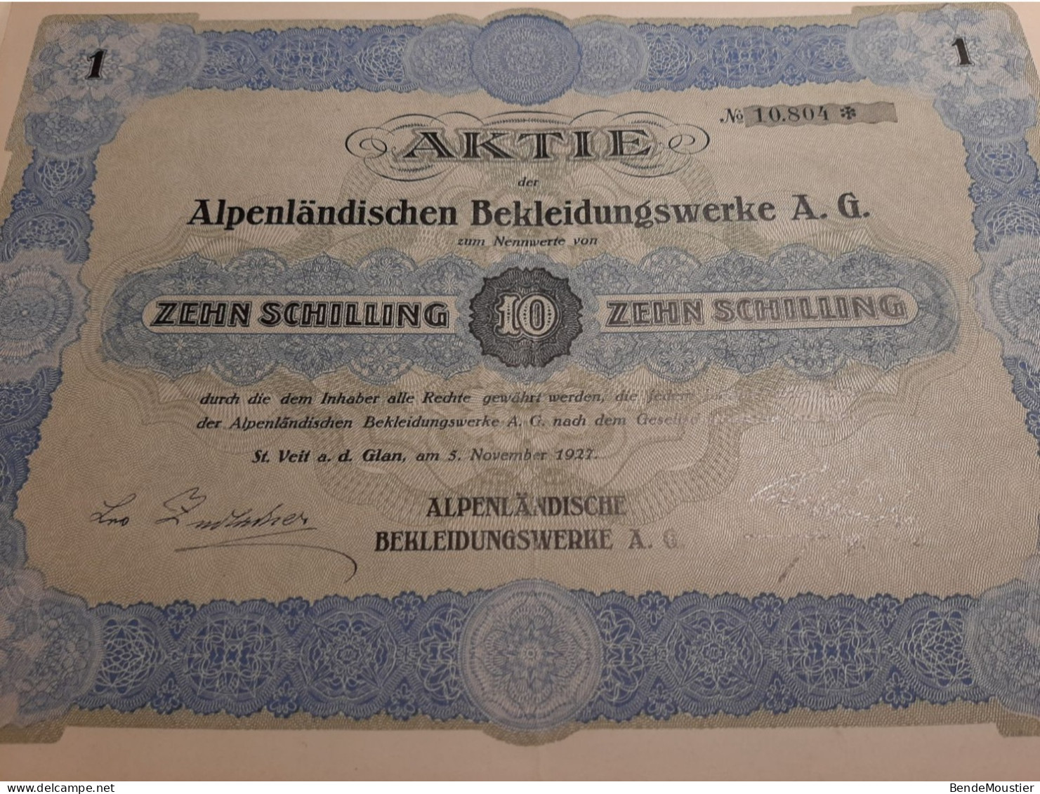 Aktie Der Alpenländischen Bekleidungswerke A.G. - 10 Schilling - Sankt Veit An Der Glan - 5 Novembe 1927. - Tessili