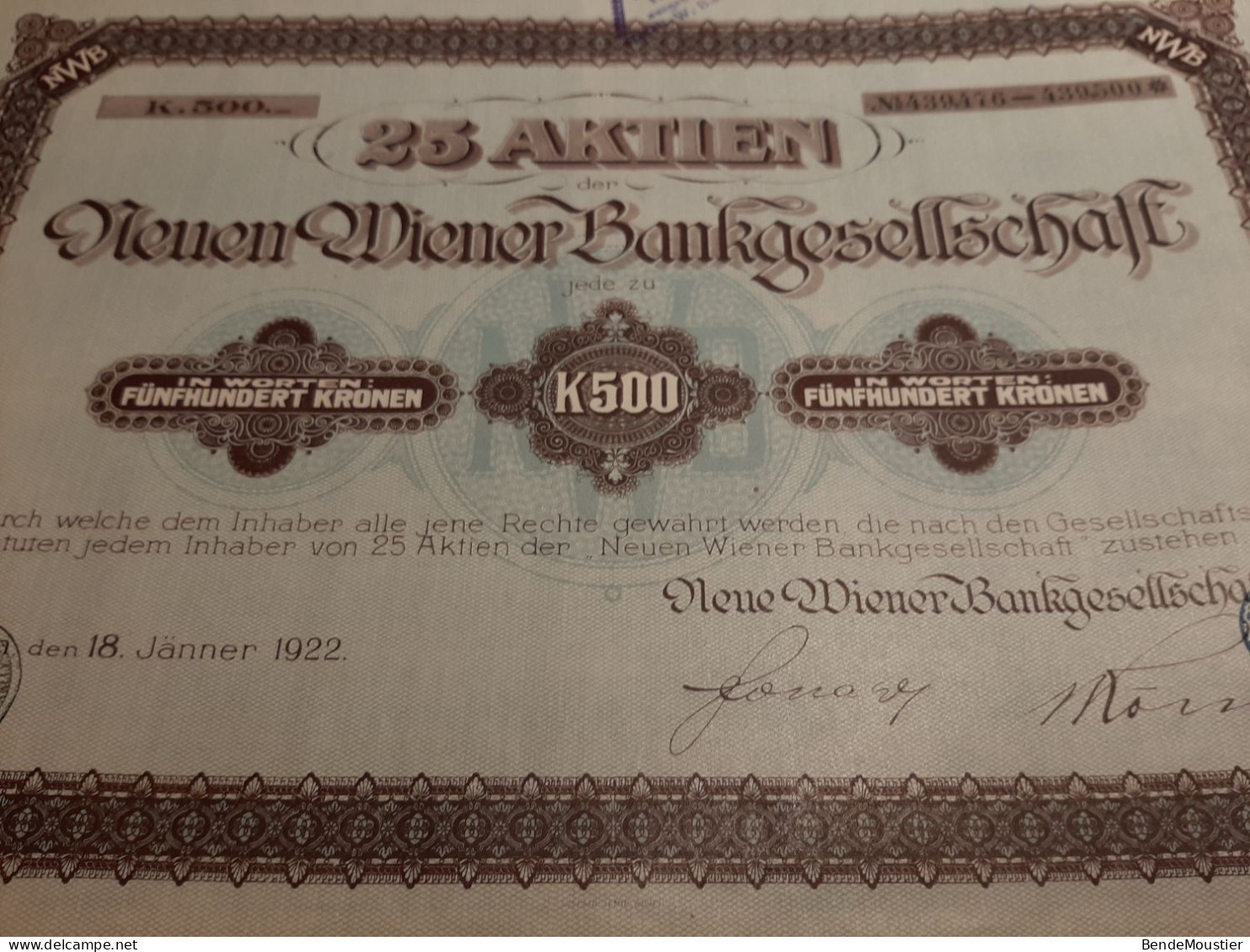 25 Aktie Der Neue Wiener Bankgesellschaft - Autriche - Vienne - Wien Den 18 Jânner 1922 - Bank & Insurance