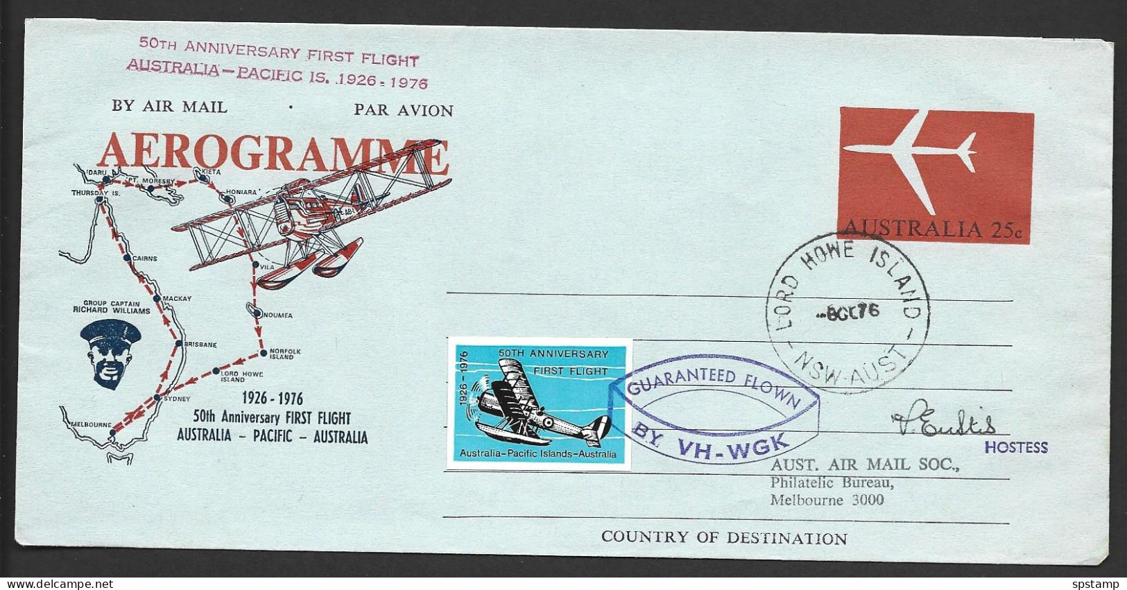 Australia 1976 Aerogramme Used Lord Howe Island To Melbourne, Carried On 1926 First Pacific RAAF Flight Re-enactment - Aerogrammi
