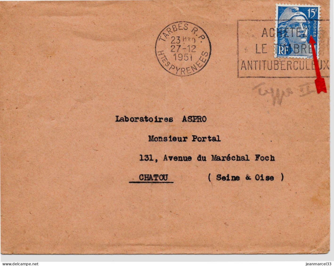 Variété Sur Lettre N° Yvert 886b Dulac 15f Bleu Type II Oblitération Flamme Secap O= Tarbes RP 27-12 1951 - Storia Postale