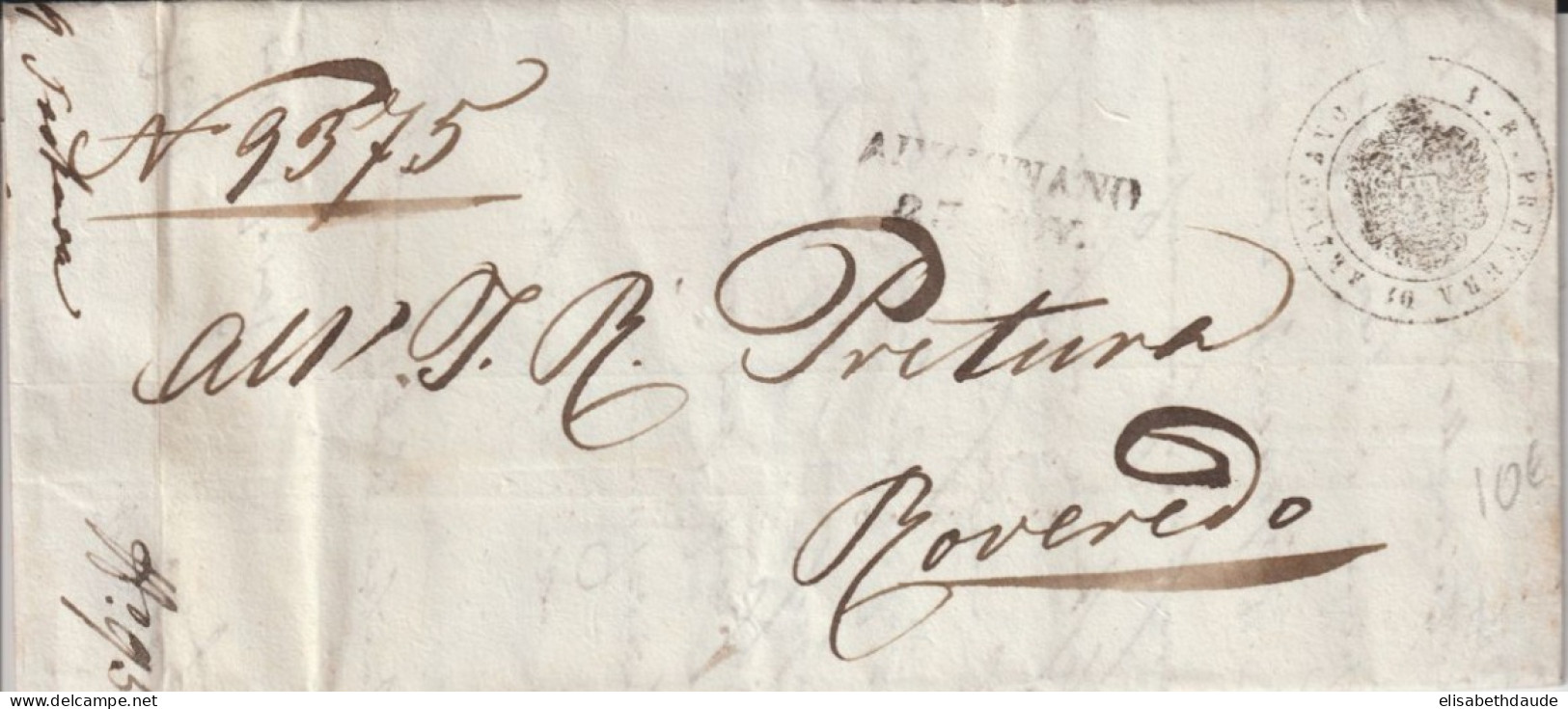 ITALIA - 1855 - LETTRE En FRANCHISE De ARZIGNANO (VENETIE) => ROVEREDO - Lombardo-Venetien