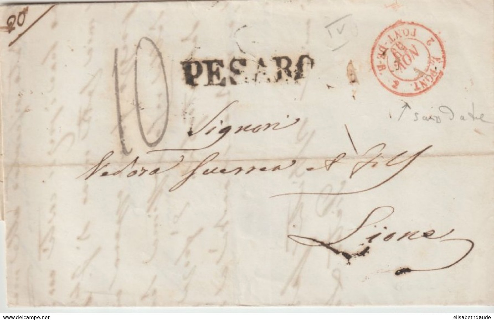 ITALIA - 1869 - LETTRE De PESARO => LYON Avec ENTREE ETATS PONTIFICAUX Par PONT DE BEAUVOISIN "2" CACHET SANS DATE ! - Etats Pontificaux