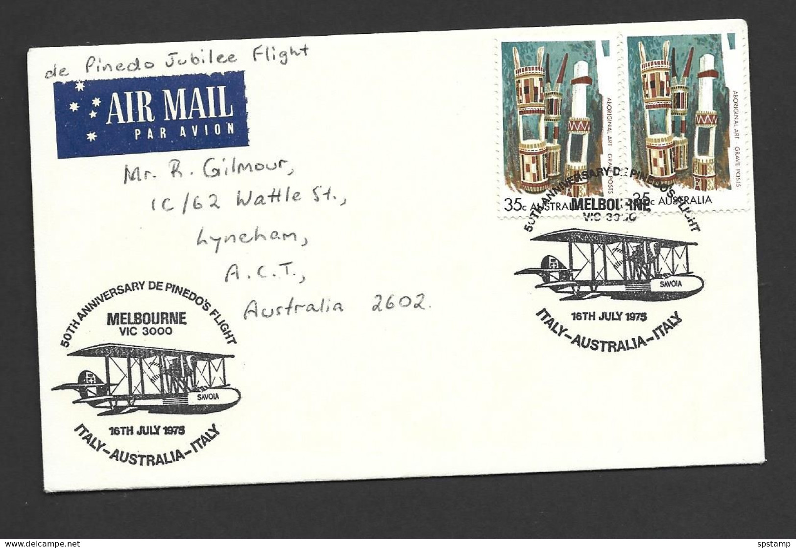 Australia 1975 De Pinedo Melbourne Rome Flight Re-enactment Anniversary Cover , Special Cancels - Cartas & Documentos