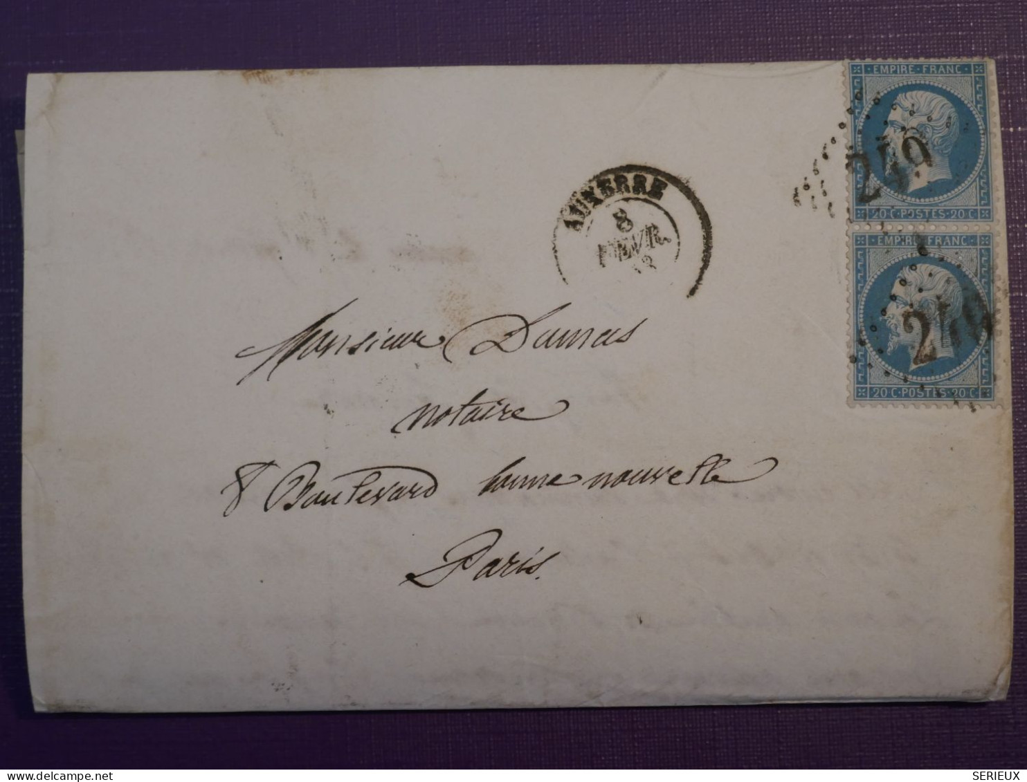 BZ7 FRANCE BELLE   LETTRE 1869 AUXERRE  A PARIS + PAIRE DE N°22   +AFF. INTERESSANT ++ - 1862 Napoléon III.