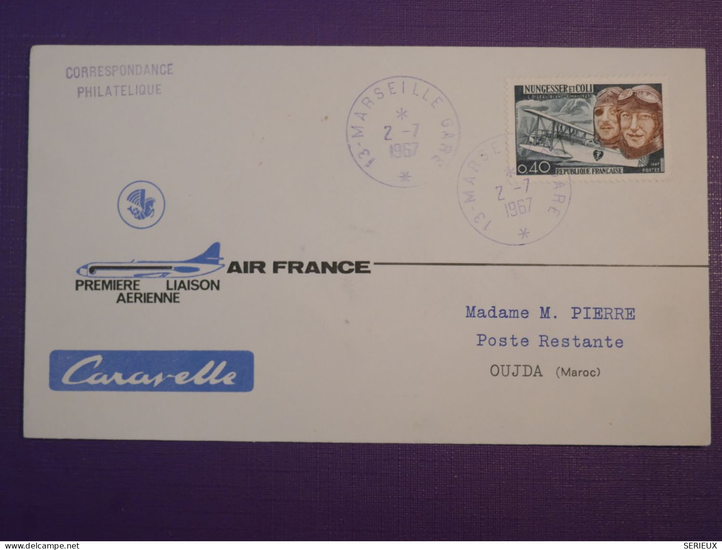 BZ7 FRANCE BELLE   LETTRE 1967  MARSEILLE A OUJDA MAROC   +AIR FRANCE +AFF. PLAISANT ++ - First Flight Covers