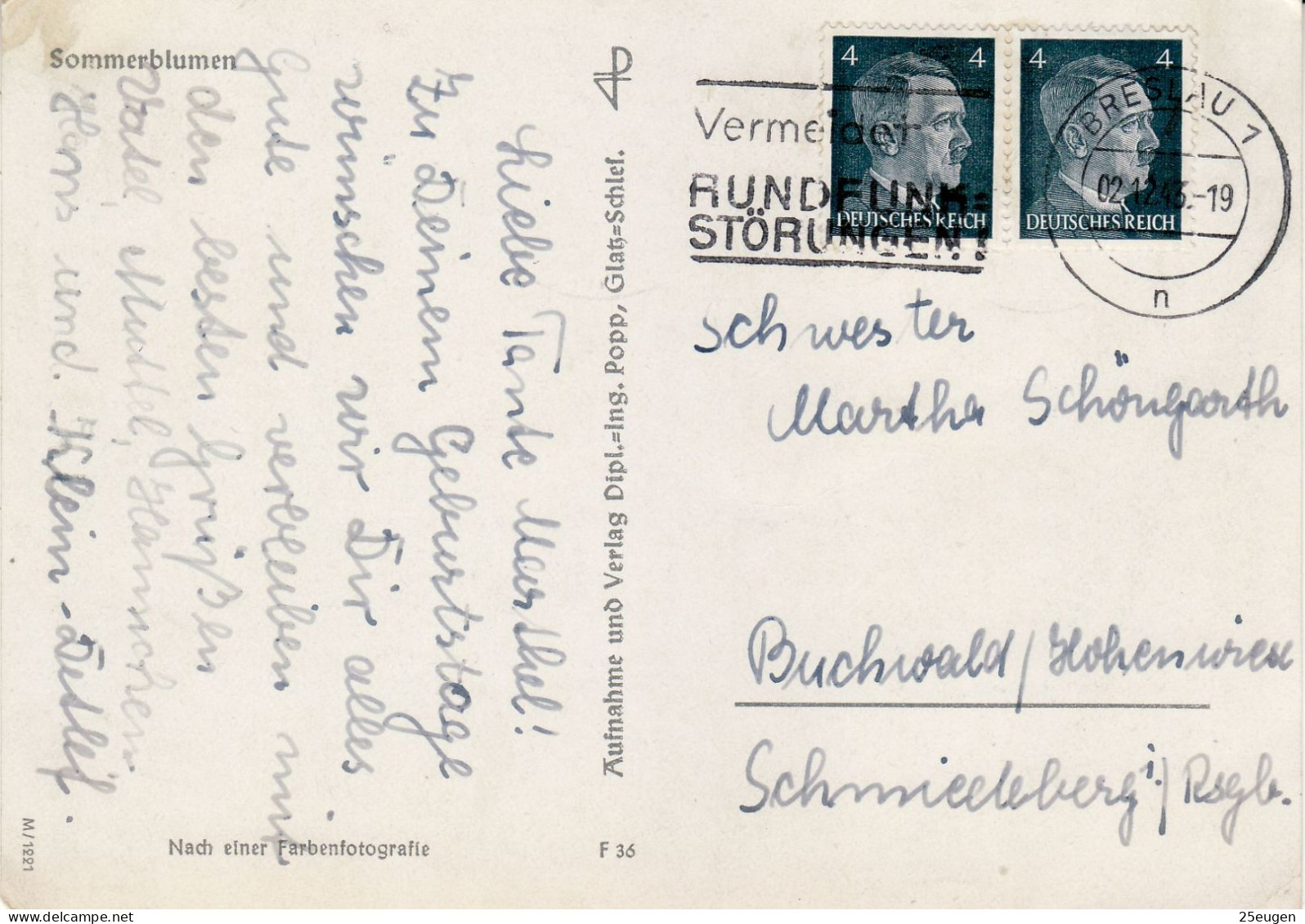 GERMAN OCCUPATION 1943  POSTCARD  SENT FROM WROCŁAW TO BUKOWIEC /BUCHWALD/ - Andere & Zonder Classificatie