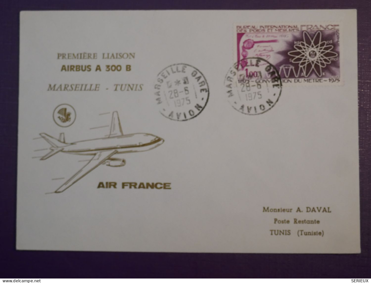 BZ7 FRANCE BELLE  LETTRE 1975 1ER VOL MARSEILLE A   TUNIS   +AIR FRANCE +AFF. PLAISANT ++ - First Flight Covers