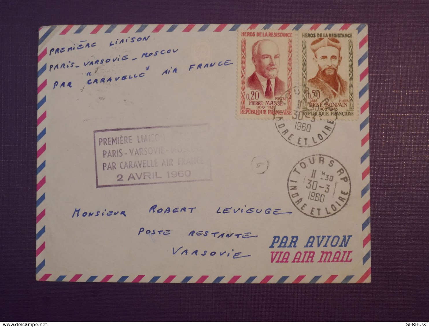 BZ7  FRANCE   BELLE  LETTRE 1960 1ER VOL VARSOVIE MOSCOU    ++AFF. PLAISANT ++ - First Flight Covers