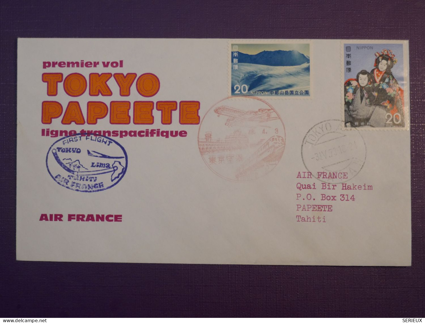 BZ7 JAPAN    BELLE  LETTRE RR 1973  1ER VOL TOKIO PAPEETE   + AIR FRANCE +AFF. PLAISANT ++ - Luchtpost