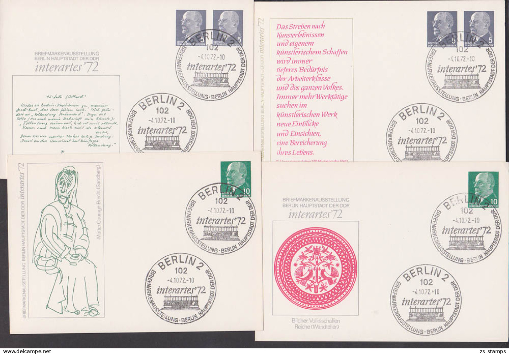 Walter Ulbricht 5/5 Bzw. 10 Pfg. Auf Sonderganzsache Interartes 72 Berlin Volksschaffen, Mutter Courage B. Brecht - Postkarten - Gebraucht