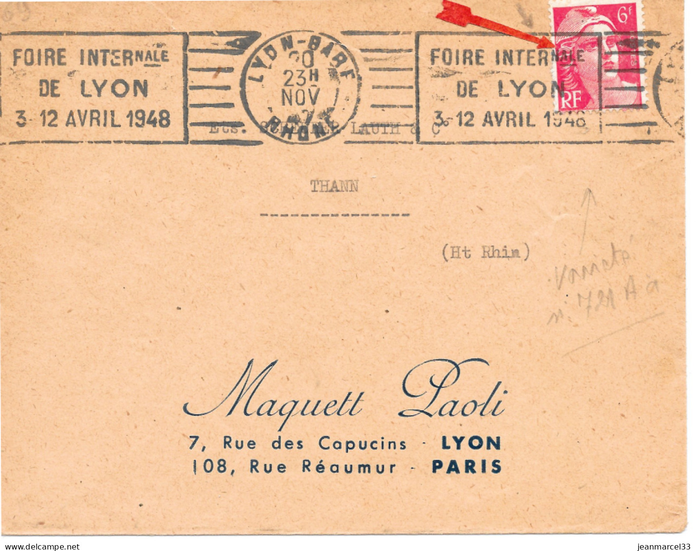 Variété Sur Lettre N° Yvert 721Aa Gandon 6f Rouge Mèche Reliée Oblitération Flamme RBV 20 NOV 47 - Cartas & Documentos