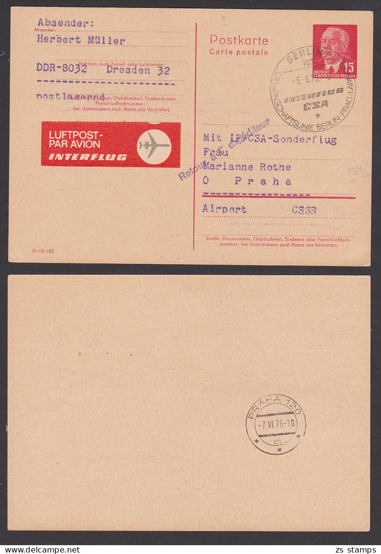 Interflug - CSA Gemeinschaftslinie Berlin-Prag-Lanarka, 15 Pf- Wilhelm Pieck GA DDR P64a/02 SoSt. 6.6.76 - Postcards - Used