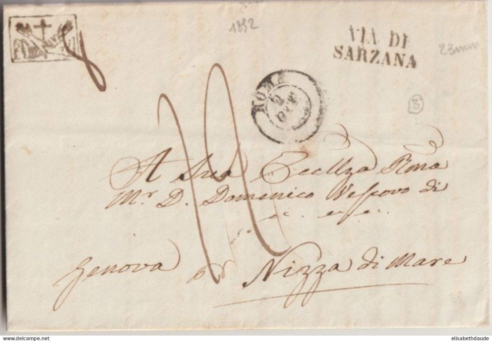 ITALIA - 1852 - LETTRE De ROMA - MARQUE RELIGIEUSE Des FRANCISCAINS SUP + VIA DI SARZANA ! => NICE - Estados Pontificados