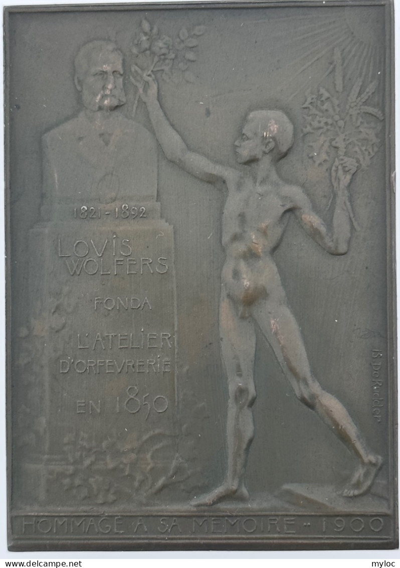 Plaquette Médaille En Bronze. Hommage à Louis Wolfers. Bijouterie, Joaillerie. Art Nouveau. Sculpteur De Rudder. RARE! - Firma's